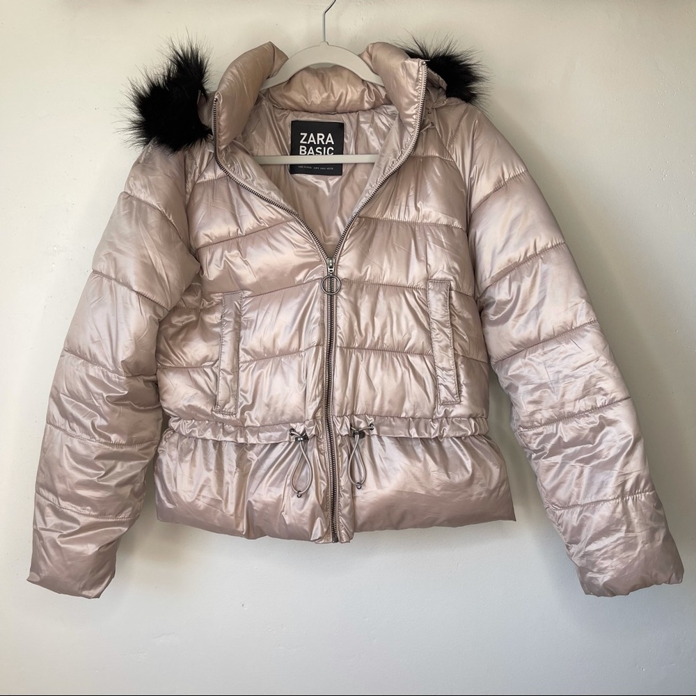 Zara Metallic Pink Puffer Jacket with Black Fur Trim